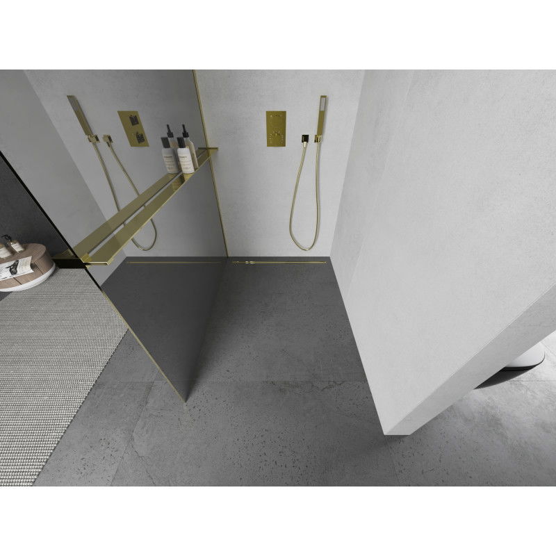 Mexen Kioto+ shower wall with Walk-in shelf 90 x 200 cm, mirror, gold - 800-090-121-50-50