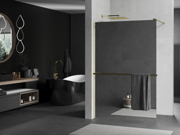 Mexen Kioto+ shower screen with a shelf and rail 100 x 200 cm, Mirror 8 mm, Gold - 800-100-121-50-50