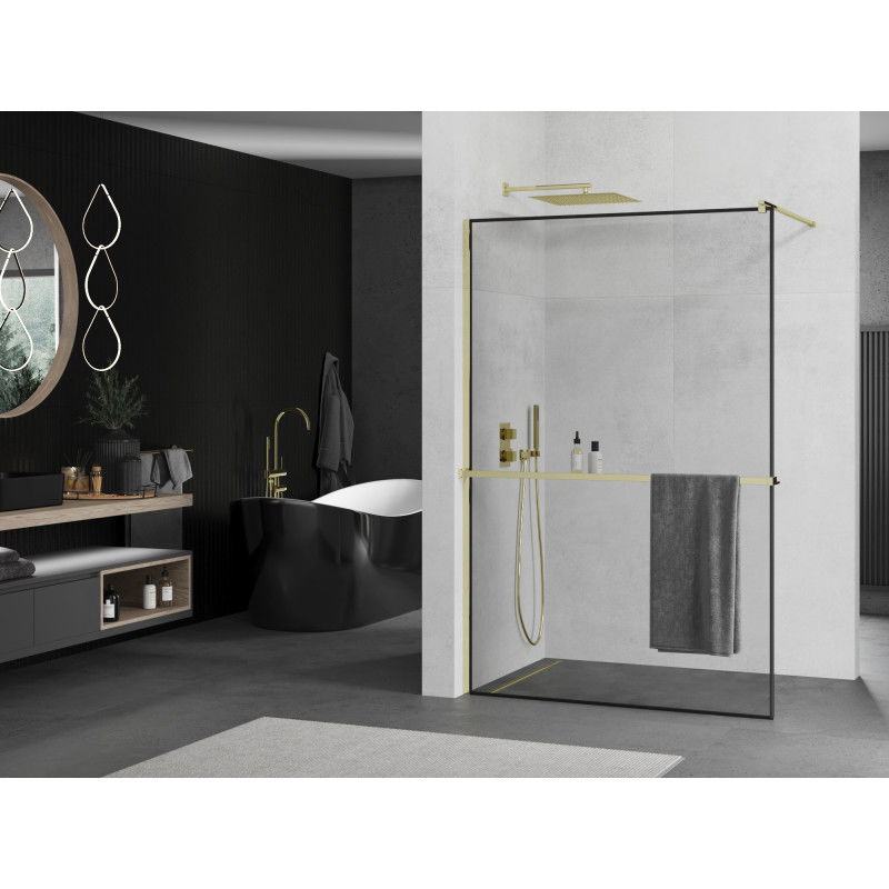 Mexen Kioto+ shower wall with shelf Walk-in 140 x 200 cm, black frame, gold - 800-140-121-50-70