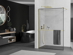 Mexen Kioto+ shower screen with a shelf and rail 140 x 200 cm, Transparent/Black pattern 8 mm, Gold - 800-140-121-50-70