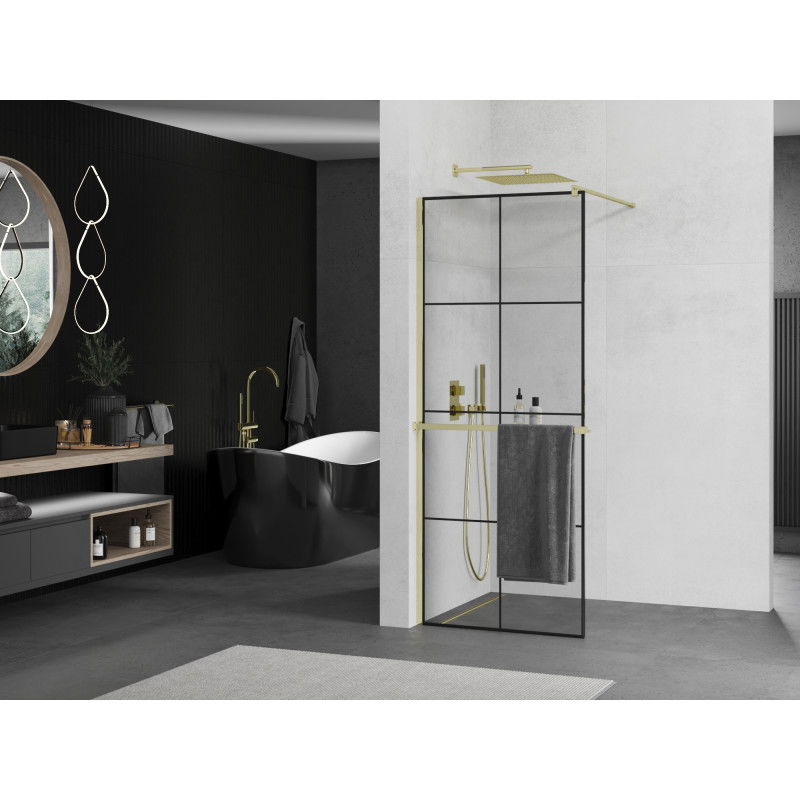 Mexen Kioto+ shower wall with shelf Walk-in 70 x 200 cm, black grid, gold - 800-070-121-50-77