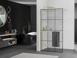 Mexen Kioto+ shower screen with a shelf and rail 100 x 200 cm, Transparent/Black pattern 8 mm, Gold - 800-100-121-50-77