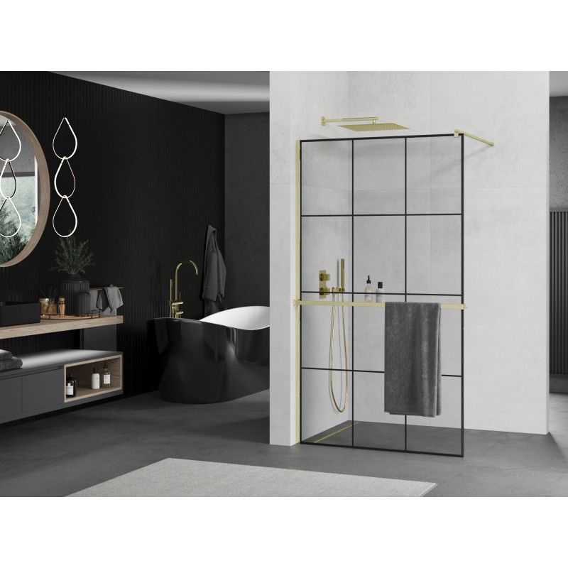Mexen Kioto+ shower wall with shelf Walk-in 110 x 200 cm, black grid, gold - 800-110-121-50-77
