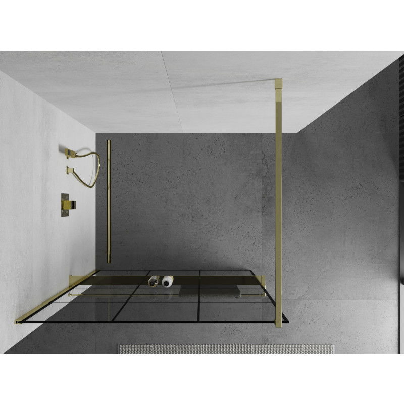 Mexen Kioto+ shower wall with shelf Walk-in 110 x 200 cm, black grid, gold - 800-110-121-50-77