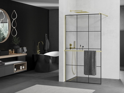 Mexen Kioto+ shower screen with a shelf and rail 120 x 200 cm, Transparent/Black pattern 8 mm, Gold - 800-120-121-50-77