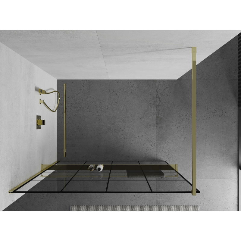 Mexen Kioto+ shower wall with shelf Walk-in 140 x 200 cm, black grid, gold - 800-140-121-50-77
