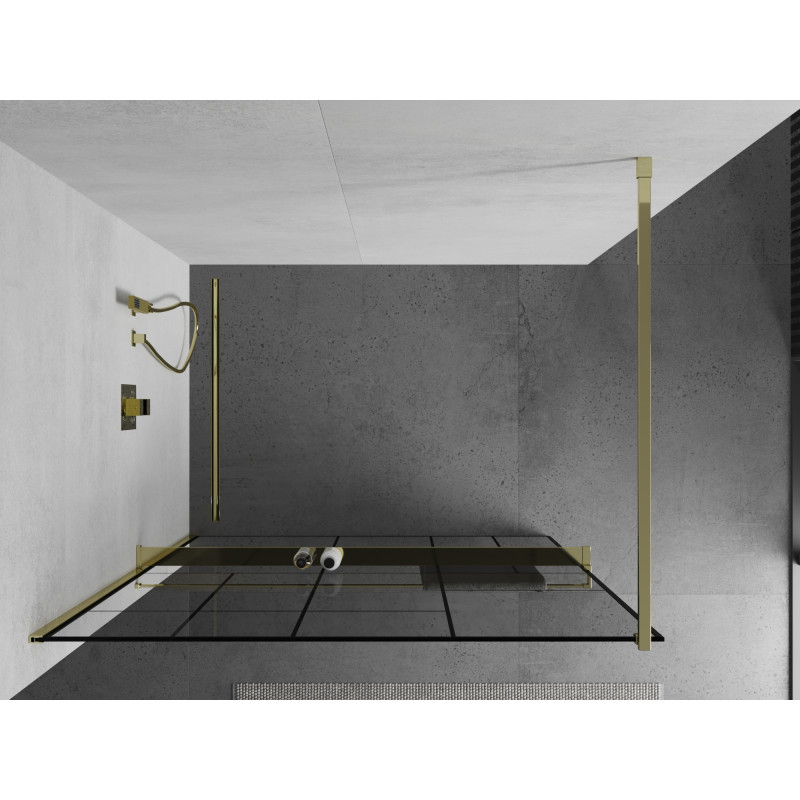 Mexen Kioto+ shower wall with shelf Walk-in 80 x 200 cm, black pattern, gold - 800-080-121-50-78