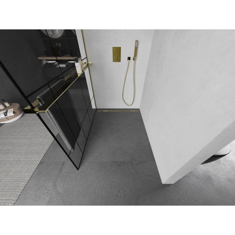 Mexen Kioto+ shower wall with shelf Walk-in 90 x 200 cm, black pattern, gold - 800-090-121-50-78