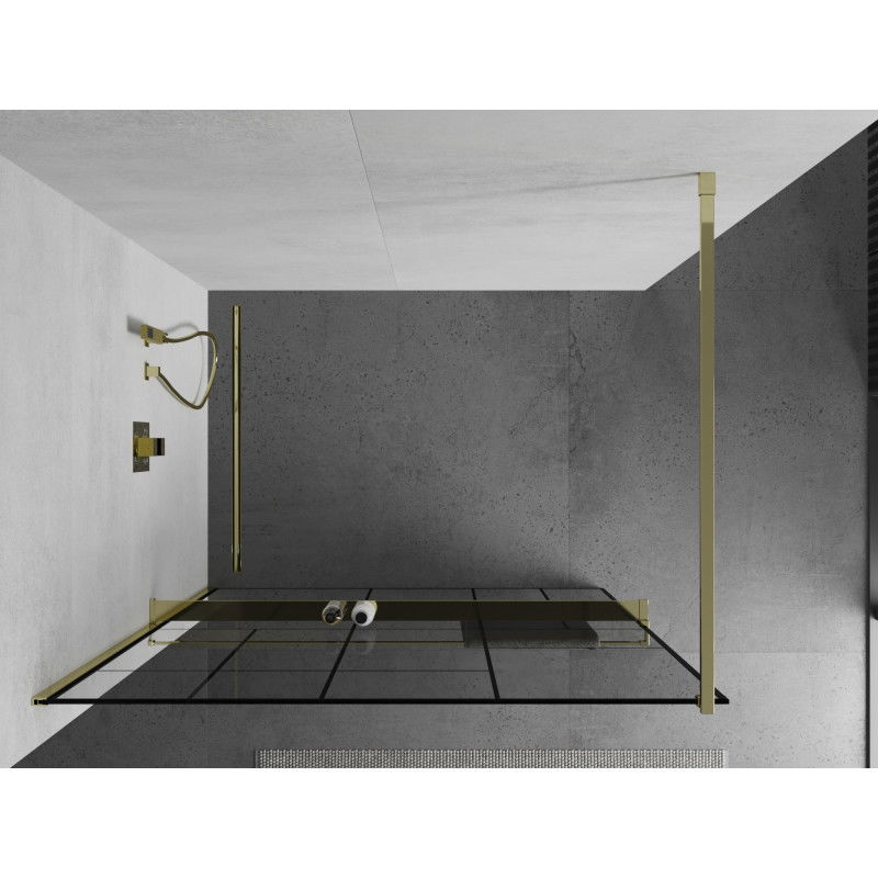 Mexen Kioto+ Walk-in Shower Wall with Shelf 90 x 200 cm, Black Pattern, Gold - 800-090-121-50-78