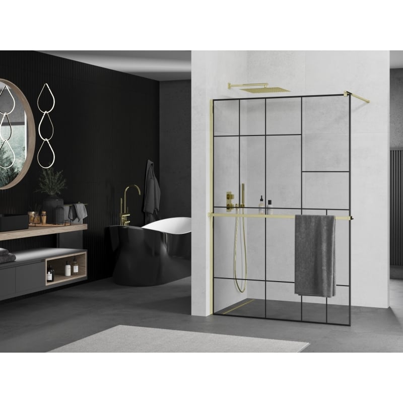 Mexen Kioto+ shower screen with shelf Walk-in 100 x 200 cm, black pattern, gold - 800-100-121-50-78