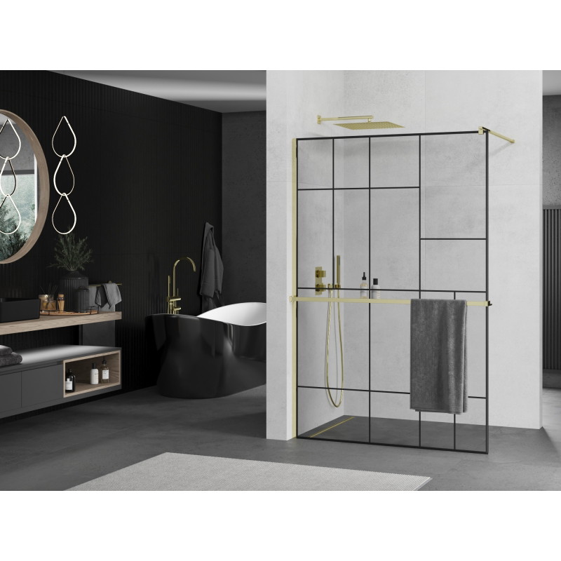 Mexen Kioto+ shower wall with shelf Walk-in 120 x 200 cm, black pattern, gold - 800-120-121-50-78