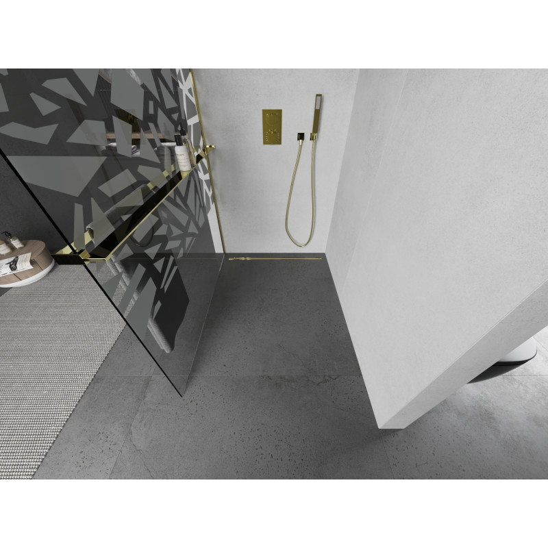 Mexen Kioto+ shower wall with shelf Walk-in 80 x 200 cm, white pattern, gold - 800-080-121-50-85