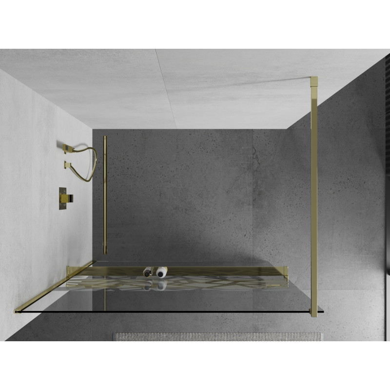Mexen Kioto+ shower wall with shelf Walk-in 90 x 200 cm, white pattern, gold - 800-090-121-50-85