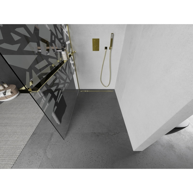 Mexen Kioto+ shower wall with shelf Walk-in 90 x 200 cm, white pattern, gold - 800-090-121-50-85