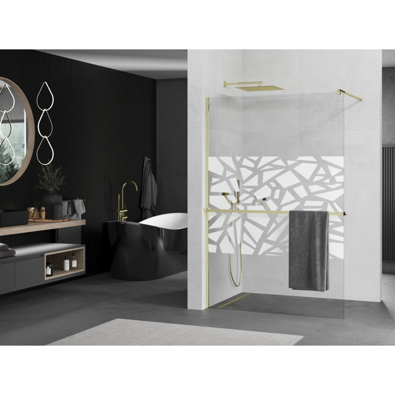 Mexen Kioto+ shower wall with shelf Walk-in 90 x 200 cm, white pattern, gold - 800-090-121-50-85