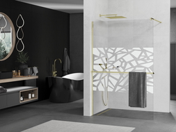 Mexen Kioto+ shower screen with a shelf and rail 90 x 200 cm, Transparent/White pattern 8 mm, Gold - 800-090-121-50-85