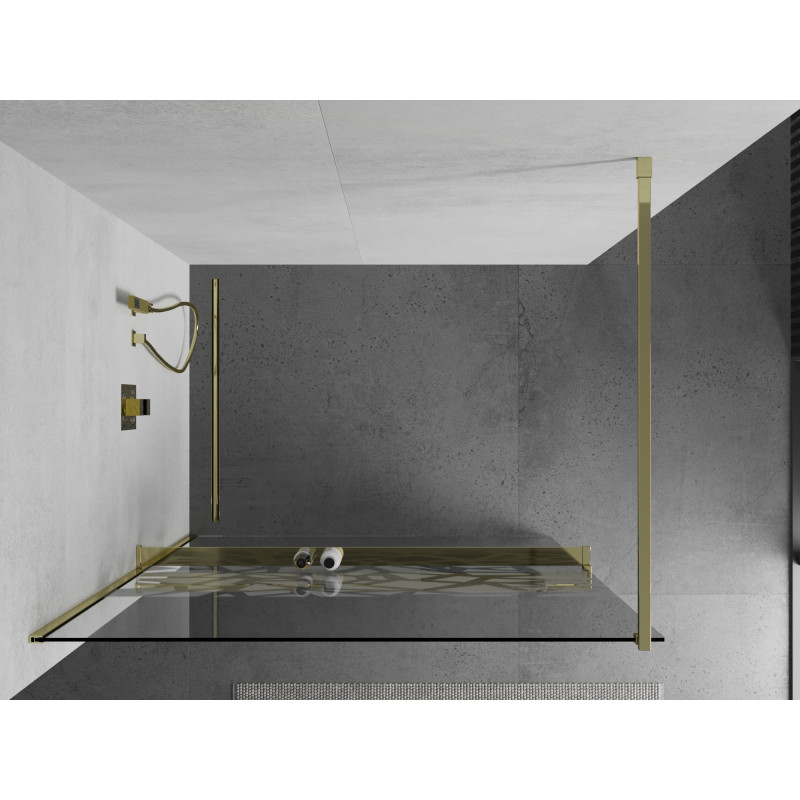Mexen Kioto+ shower wall with shelf Walk-in 100 x 200 cm, white pattern, gold - 800-100-121-50-85