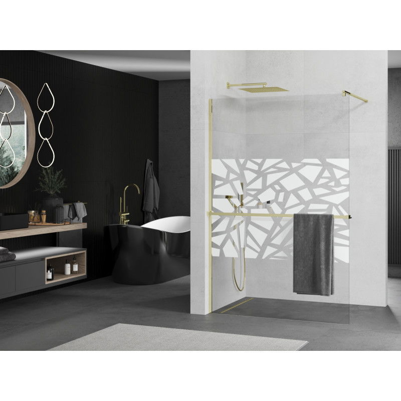 Mexen Kioto+ Walk-in Shower Wall with Shelf 130 x 200 cm, White Pattern, Gold - 800-130-121-50-85