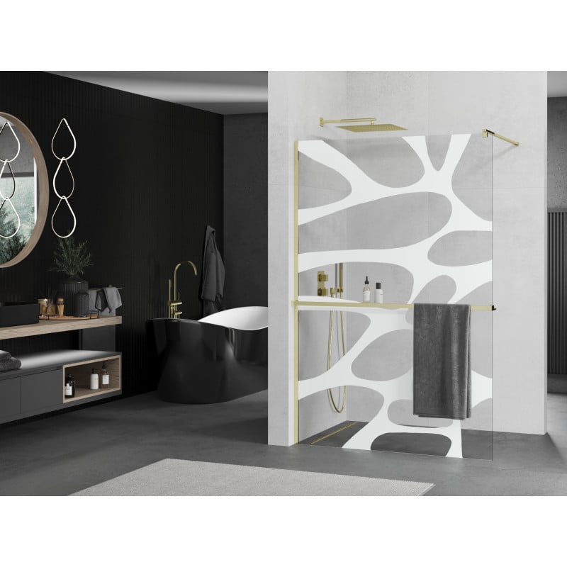 Mexen Kioto+ shower wall with shelf Walk-in 80 x 200 cm, white wave, gold - 800-080-121-50-97