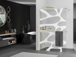Mexen Kioto+ shower screen with a shelf and rail 80 x 200 cm, Transparent/White pattern 8 mm, Gold - 800-080-121-50-97