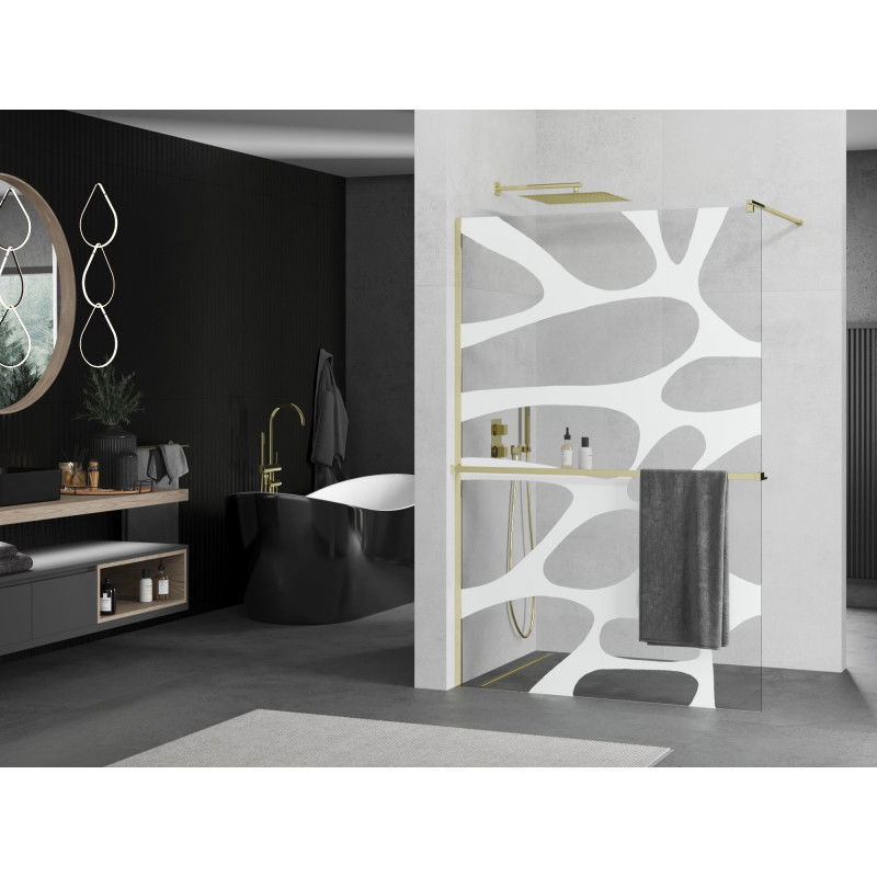 Mexen Kioto+ shower wall with shelf Walk-in 100 x 200 cm, white wave, gold - 800-100-121-50-97