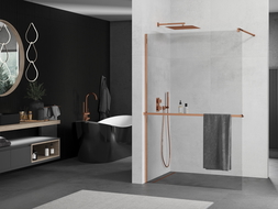 Mexen Kioto+ shower screen with a shelf and rail 140 x 200 cm, Transparent 8 mm, Rose gold - 800-140-121-60-00
