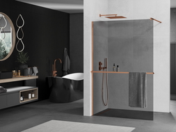 Mexen Kioto+ shower screen with a shelf and rail 120 x 200 cm, Graphite 8 mm, Rose gold - 800-120-121-60-40