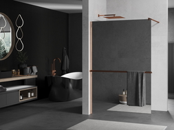 Mexen Kioto+ shower screen with a shelf and rail 90 x 200 cm, Mirror 8 mm, Rose gold - 800-090-121-60-50