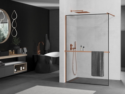 Mexen Kioto+ shower screen with a shelf and rail 120 x 200 cm, Transparent/Black pattern 8 mm Rose gold - 800-120-121-60-70