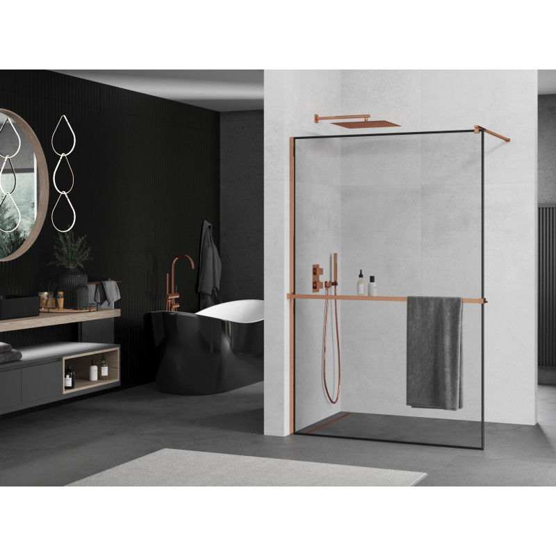 Mexen Kioto+ shower wall with shelf Walk-in 130 x 200 cm, black frame, rose gold - 800-130-121-60-70