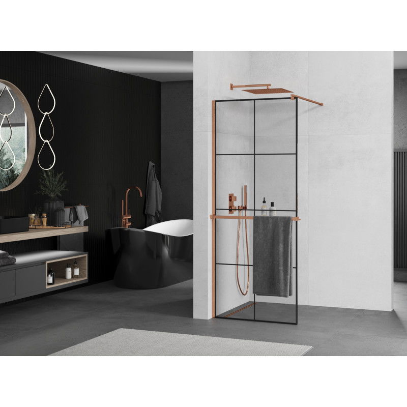 Mexen Kioto+ shower wall with shelf Walk-in 70 x 200 cm, black grid, rose gold - 800-070-121-60-77