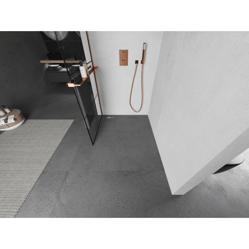 Mexen Kioto+ shower wall with shelf Walk-in 90 x 200 cm, black grid, rose gold - 800-090-121-60-77