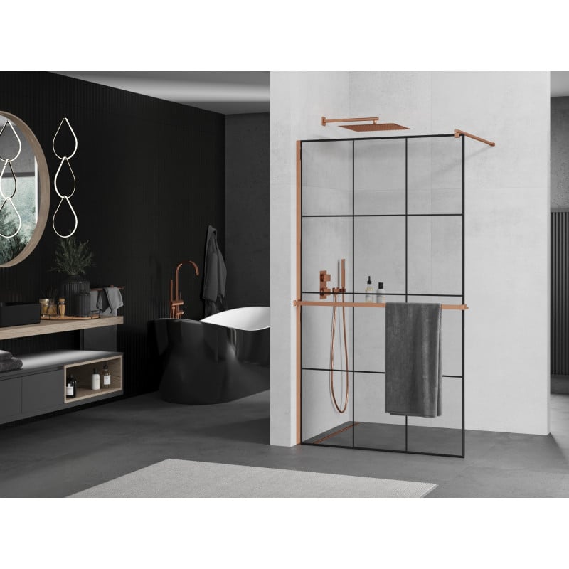 Mexen Kioto+ shower screen with shelf Walk-in 100 x 200 cm, black grid, pink gold - 800-100-121-60-77