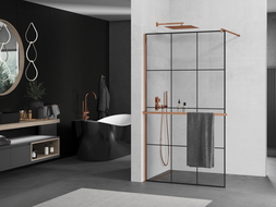 Mexen Kioto+ shower screen with a shelf and rail 110 x 200 cm, Transparent/Black pattern 8 mm Rose gold - 800-110-121-60-77
