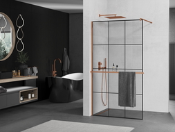 Mexen Kioto+ shower screen with a shelf and rail 120 x 200 cm, Transparent/Black pattern 8 mm Rose gold - 800-120-121-60-77