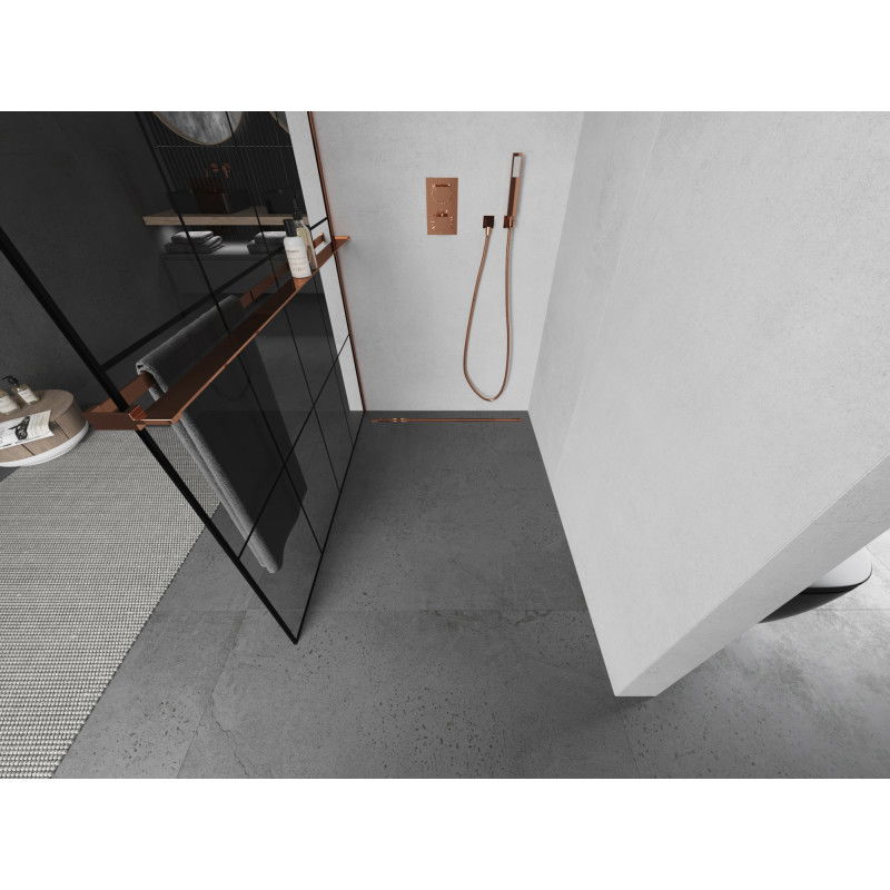 Mexen Kioto+ shower wall with shelf Walk-in 140 x 200 cm, black grid, rose gold - 800-140-121-60-77