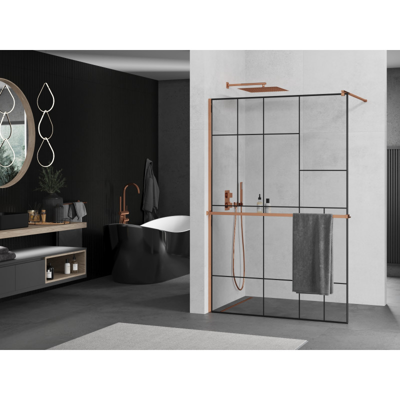 Mexen Kioto+ shower wall with shelf Walk-in 70 x 200 cm, black pattern, rose gold - 800-070-121-60-78