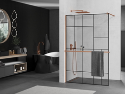Mexen Kioto+ shower screen with a shelf and rail 120 x 200 cm, Transparent/Black pattern 8 mm Rose gold - 800-120-121-60-78