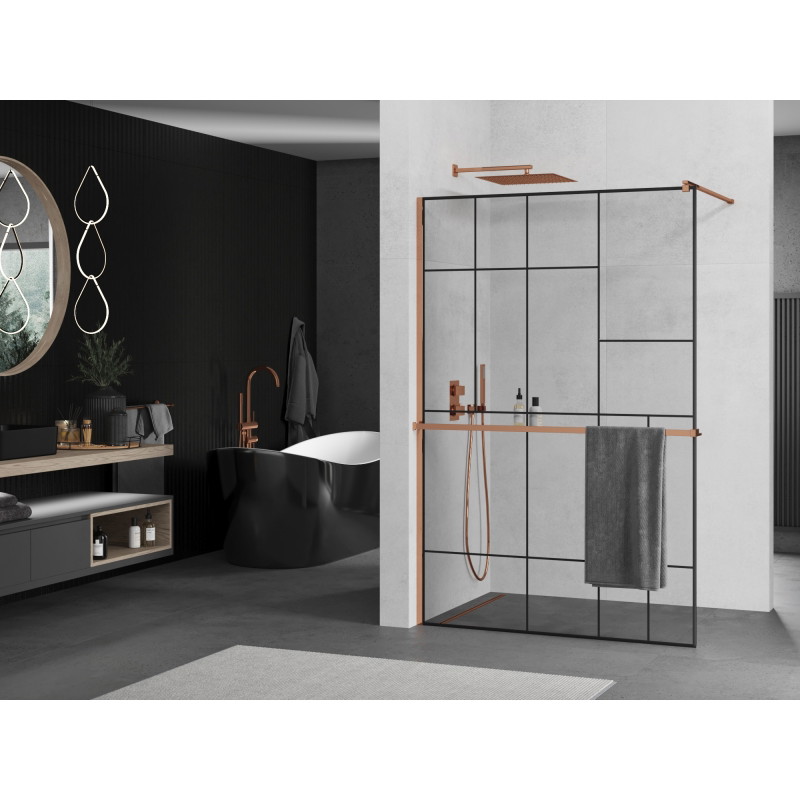 Mexen Kioto+ shower wall with shelf Walk-in 130 x 200 cm, black pattern, rose gold - 800-130-121-60-78