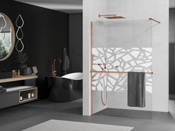 Mexen Kioto+ shower screen with a shelf and rail 70 x 200 cm, Transparent/White pattern 8 mm, Rose gold - 800-070-121-60-85