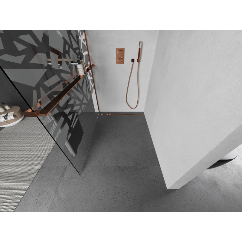 Mexen Kioto+ shower wall with shelf Walk-in 100 x 200 cm, white pattern, rose gold - 800-100-121-60-85