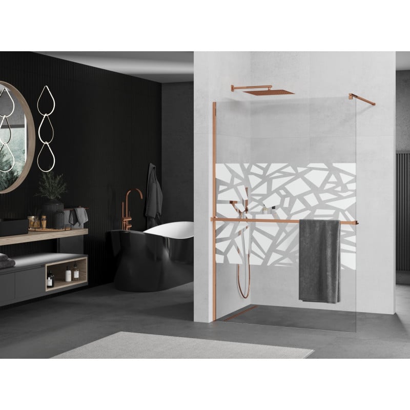 Mexen Kioto+ shower wall with Walk-in shelf 130 x 200 cm, white pattern, pink gold - 800-130-121-60-85
