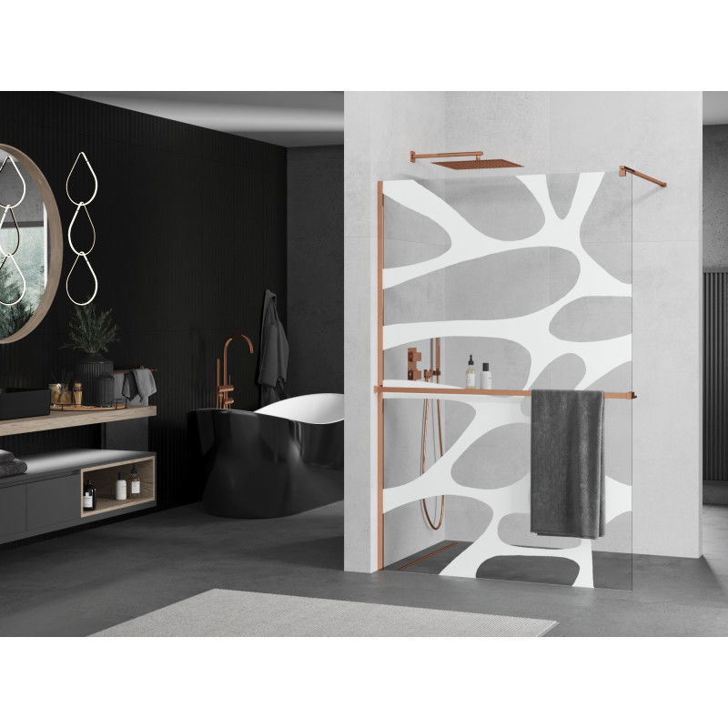 Mexen Kioto+ shower wall with shelf Walk-in 140 x 200 cm, white wave, pink gold - 800-140-121-60-97