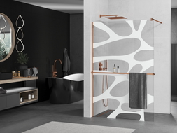 Mexen Kioto+ shower screen with a shelf and rail 80 x 200 cm, Transparent/White pattern 8 mm, Rose gold - 800-080-121-60-97