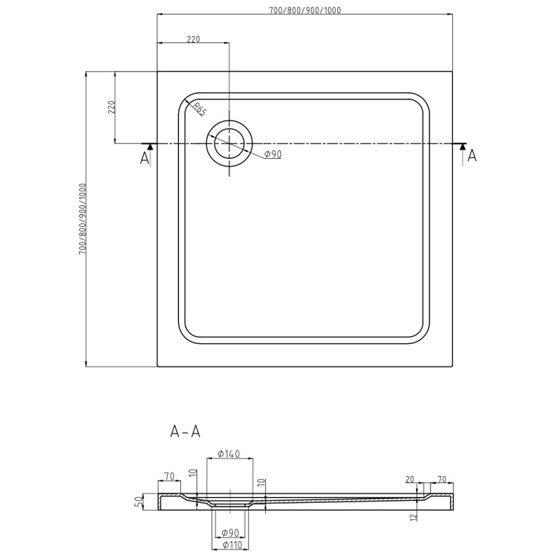 Mexen Flat square slim shower tray 70 x 70 cm, white, chrome siphon - 40107070