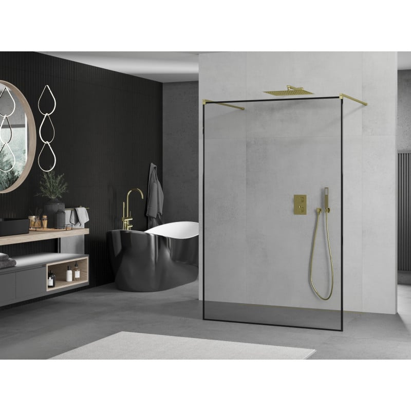 Mexen Kioto freestanding shower wall 140 x 200 cm, black frame 8 mm, gold - 800-140-002-50-70