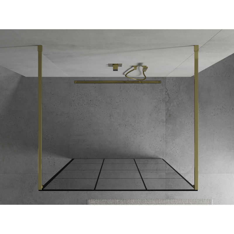 Mexen Kioto Freestanding Shower Wall 100 x 200 cm, Black Grid 8 mm, Gold - 800-100-002-50-77