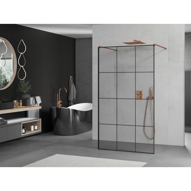 Mexen Kioto Free-standing shower wall 120 x 200 cm, black grid 8 mm, rose gold - 800-120-002-60-77