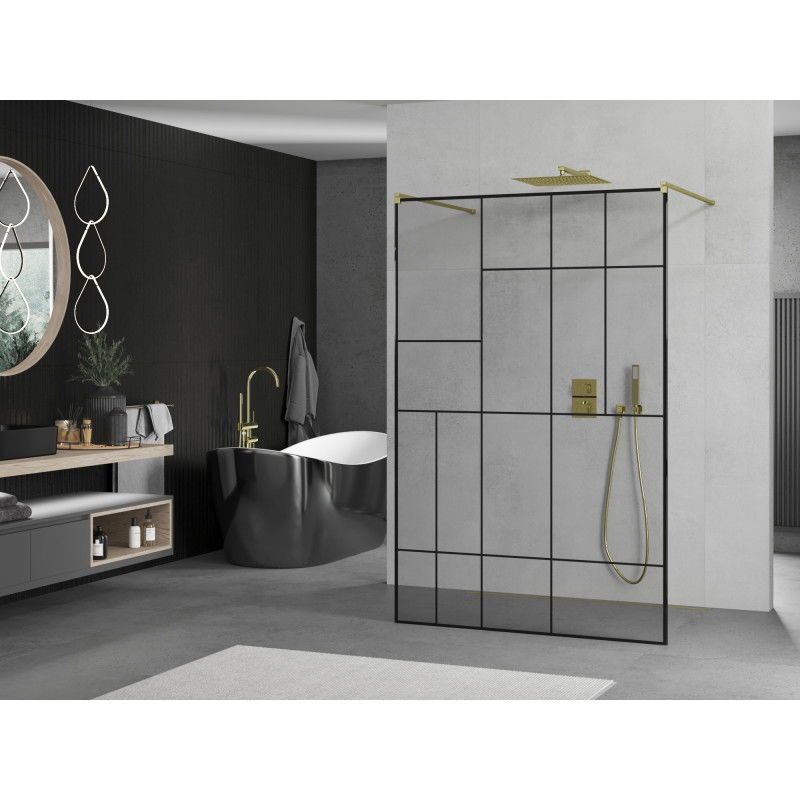 Mexen Kioto Free-standing Shower Wall 100 x 200 cm, Black Pattern 8 mm, Gold - 800-100-002-50-78