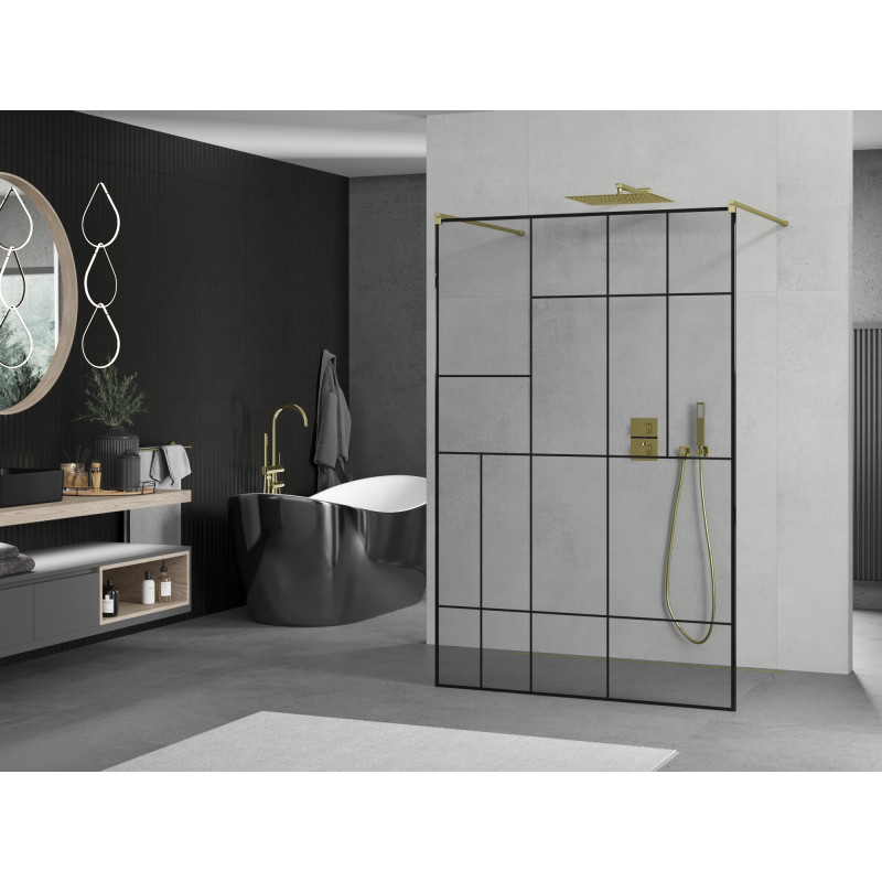 Mexen Kioto freestanding shower wall 100 x 200 cm, black pattern 8 mm, gold - 800-100-002-50-78